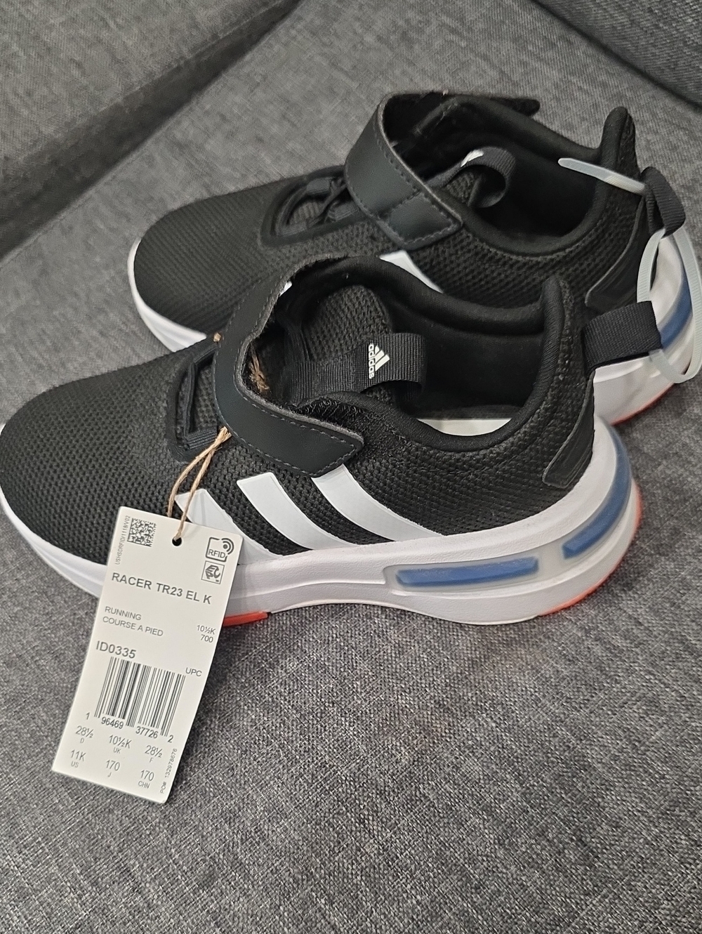 adidas Kids Black & White Racer TR23 EL K Sneakers with Blue Midsole Accent
